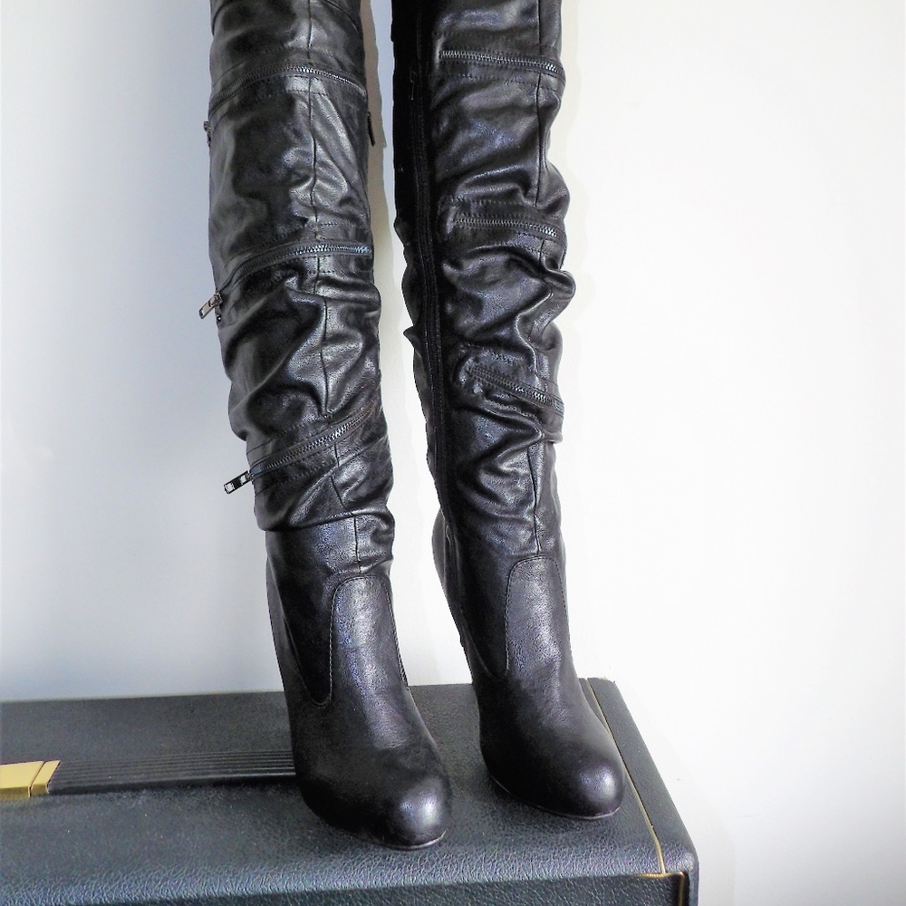 Paprika Faux Leather Thigh Boots w/ Zippers